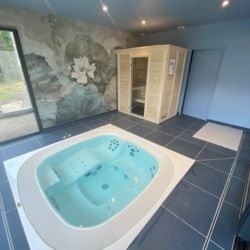 Salle de détente réalisée région Haut Jura avec spa à débordement Enjoy machinerie déportée Installation du Sauna 45 Classic 